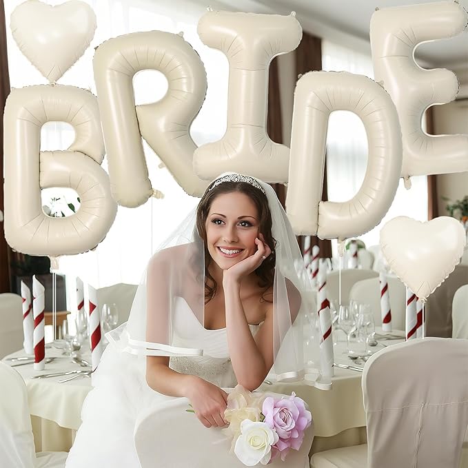 40inch Beige BRIDE Letter Balloons, Giant Cream White Sand Bride Foil Helium Balloon Banner with Heart Balloon for Bride to Be Wedding Engagement Bridal Shower Nude White Bachelorette Party Decoration