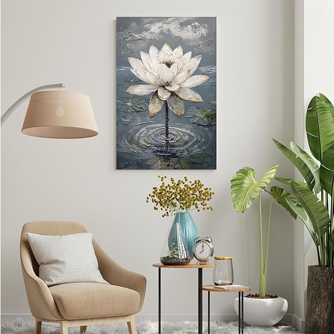 Stunning white lotus emerges from prismatic water with delicate petals background Serene aquatic wall art suitable for modern minimalist decor 28x40in Wood Framed