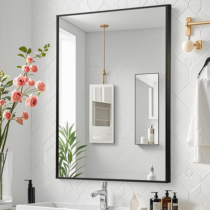 Black Bathroom Mirror, 24"x36" Rectangle Mirror, Matte Black Mirror, Metal Frame Square Corner Vanity Mirror, Wall Mounted Mirror for Modern, Living Room, Bedroom, Horizontal Or Vertical