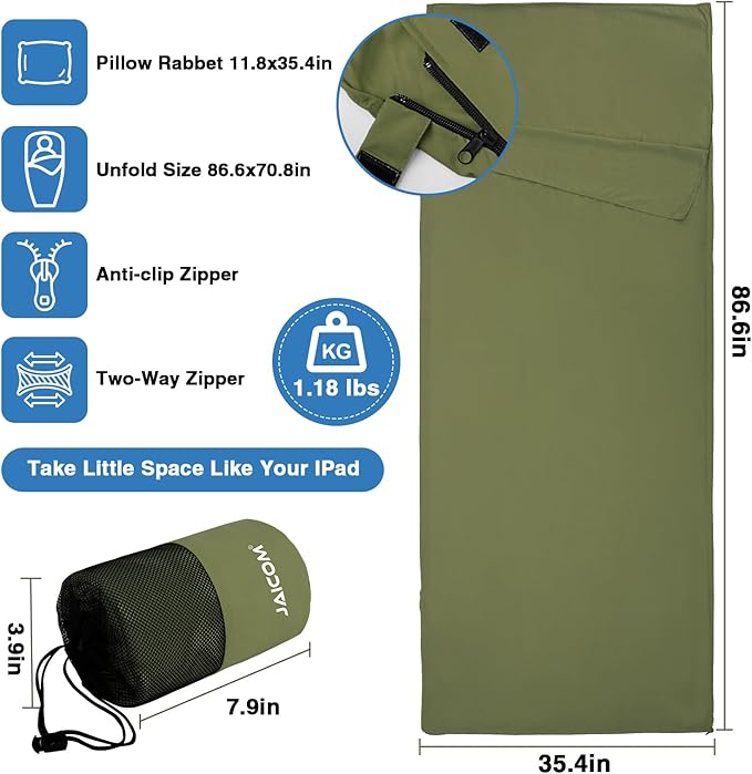 Sleeping Bag Liner, Travel Sheets & Adult Sleep Sack, Ultralight and Portable Summer Sleeping Bag - Ideal for Backpacking, Hotels and Hostels, Business Trips, Camping