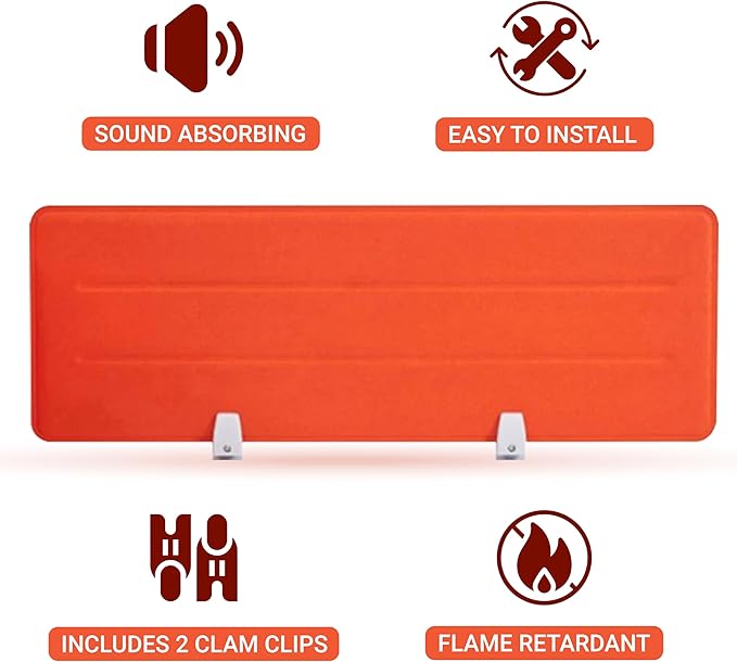 Desk Divider Panel, 34.6" x 11.8", Orange – Clamp-On with 2 T-Clips, Soundproof Noise Reducing Privacy Screen for Office or Home Desk, High Quality Polyester