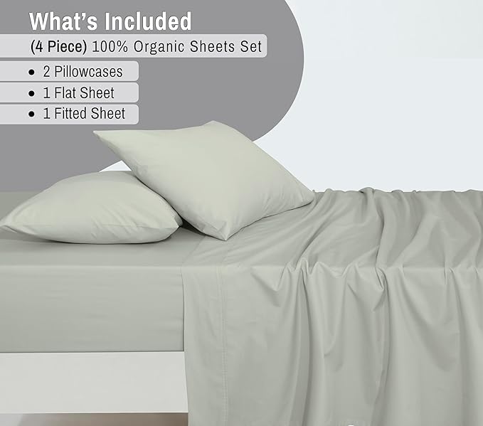 RUVANTI 100% Organic Cotton Sheets Full Size, Percale Weave, GOTS Certified, 4-Piece Set, Deep Pocket 15", Crisp & Breathable, Soft Durable Bedding, Sábanas Algodón Orgánico – Mineral Gray