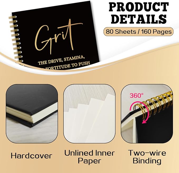 YAZMEEN Inspirational Black Gold Spiral Notebook（160 Pages） Grit Definition Blank Hardcover Notebook Office Journal Gift Funny Encouragement Gift for Women Men Employee Colleague Boss Office Worker