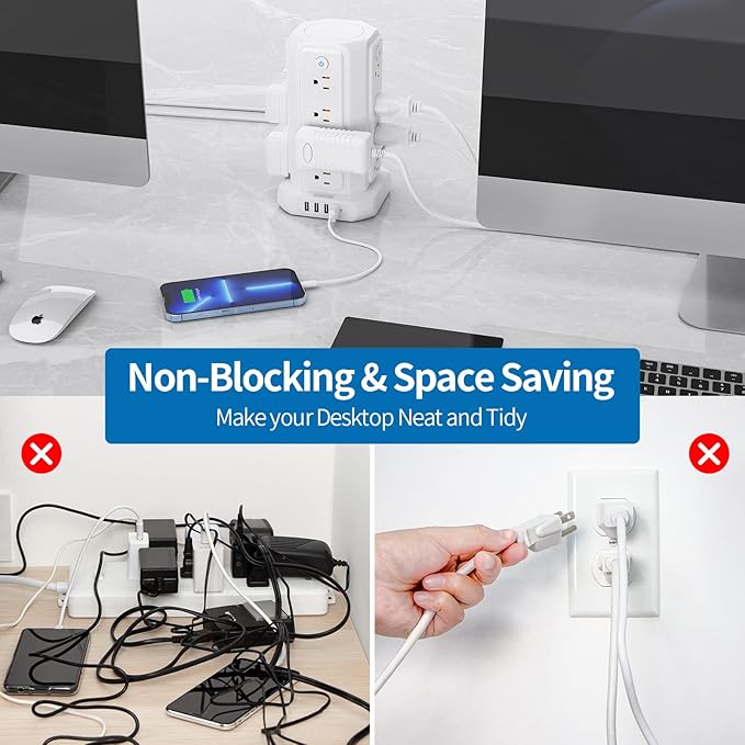 10 FT Extension Cord Power Strip Tower, 16 Widely Outlets 1875W 15A, Flat Plug Surge Protector with 4 USB Ports, Individual Switches, 1080 Joules, Overload Protection for Home Office Desktop, White