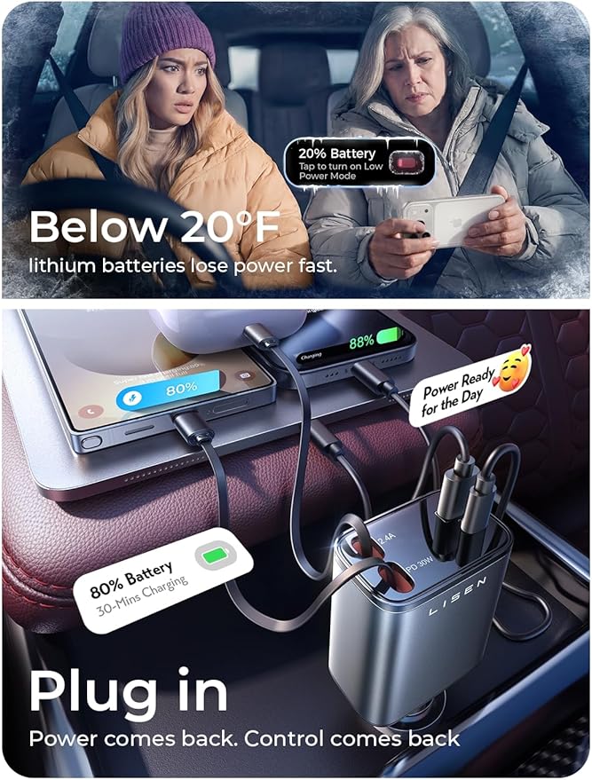 LISEN Retractable Car Charger, for Gifts for Him Her, 69W Cars Adapter USB C Fast Charger for iPhone 17-11, Car Accessories Gadgets for Men, Anniversary Birthday Gifts for Men Women, for Samsung