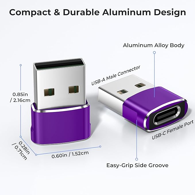 Basesailor USB to USB C Adapter 2 Pack,Type C Female to A Male Power Adapter for iPhone 15 14 13 12 Mini Pro Max,Airpods,iPad Air 4 5,Samsung Galaxy Note 10 20 S21 S22 S23 FE Plus Ultra,Google Pixel 6