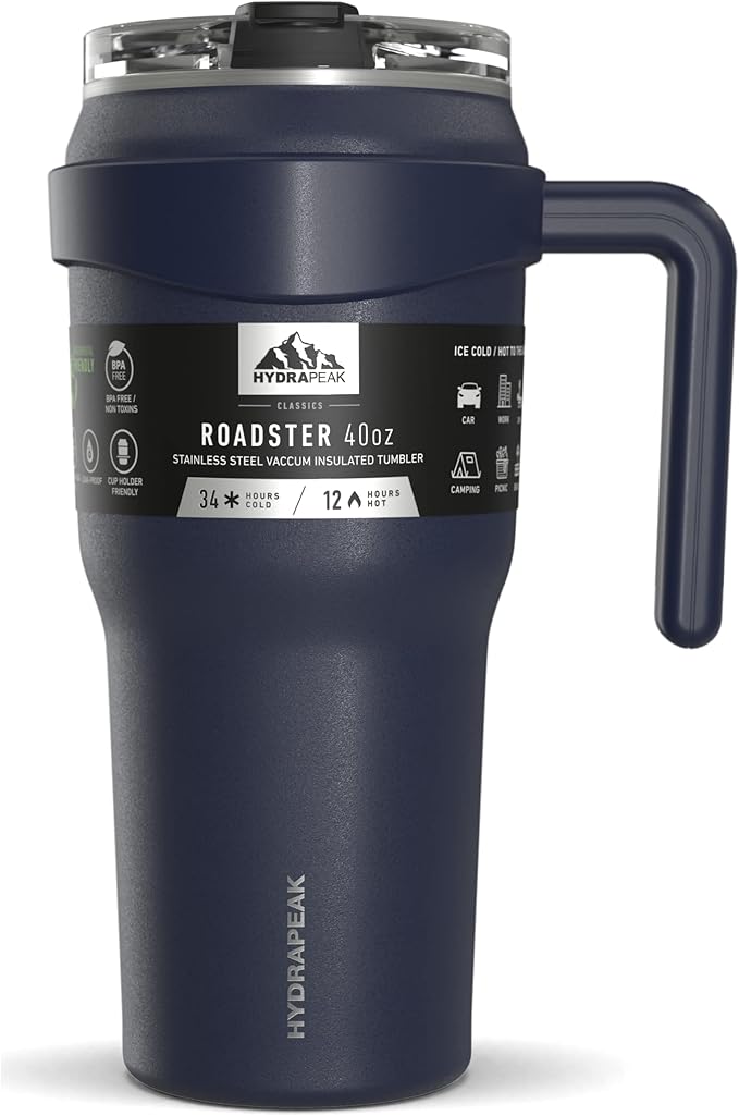 Hydrapeak Roadster 40oz Stainless Steel Tumbler Double Wall Vacuum Insulated Water Bottle With Handle And 2 in 1 Straw Lid (Navy)