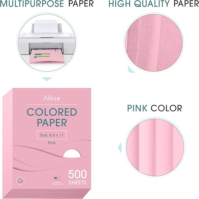 Alitte Colored Paper 500-Sheets - Pink Paper, 8.5 x 11 Colored Printer Paper, Arts & Crafts, DIY Projects - School & Office Supplies - Pastel Copy Paper, 1 Ream, Made in the USA