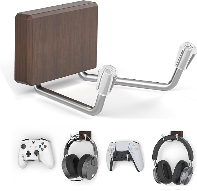 TOYOSO Magnetic Game Controller Holder: Walnut Wood Headphone Holder for Gamers - Headset Hanger Adhesive-Free 10lbs Strong Wall Mount for Xbox/PS5/Switch Controllers/PC Desk