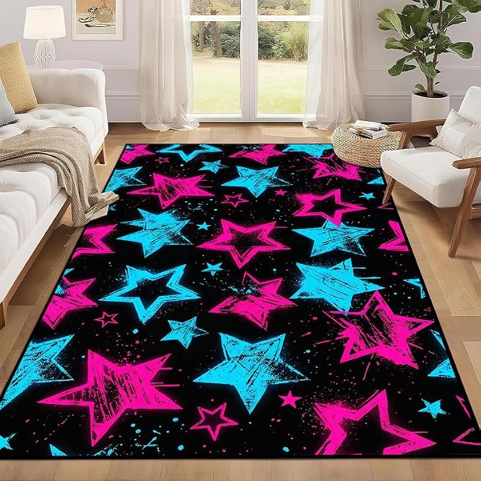 5'x7' Neon Star Area Rug Black Pink and Blue Floor Mat Abstract Star Print Rugs Washable Non-Slip Carpet for Bedroom Living Room Nursery Kitchen Playroom Home Decor