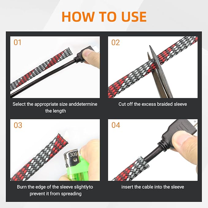 Braided Expandable Cable Sleeve, 25ft PP Cotton and PET Braided Cable Management, Flexible Mesh Wire Loom and Cable Protector for TV, Computer, Home Theater, Automotive (Red Grey White, 1/8")