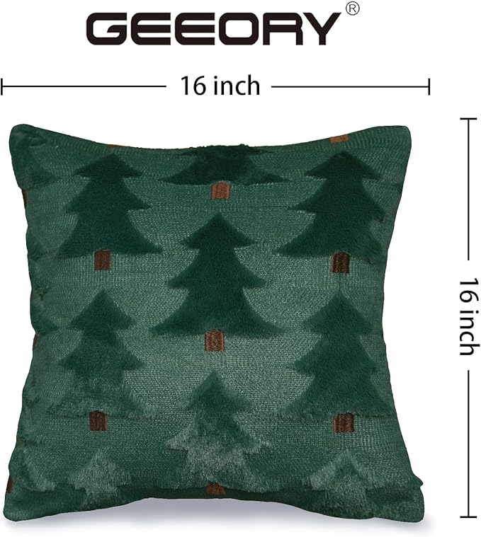 GEEORY Christmas Pillow Covers 16x16 Inch Set of 2, Christmas Decorations Xmas Tree Soft Plush Fluffy Faux Fur Decorative Throw Pillows Farmhouse Winter Cushion Case Green Brown GC033-16