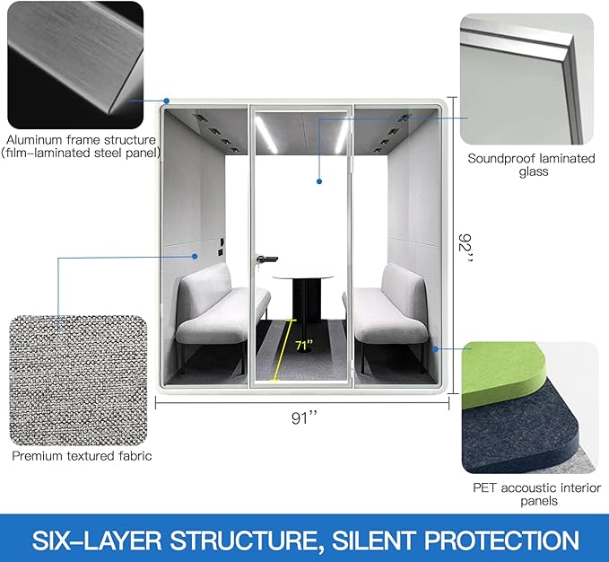 Soundproof Office Pod Booth, Quiet Meeting Pod with Acoustic Panels, Portable Modular Pod, Privacy Booth for Private Phone Calling, 4 People Personal Workspace with Sound Isolation H92in W91in D71in