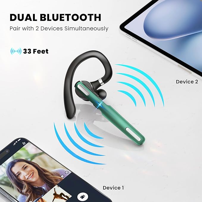 ICOMTOFIT Bluetooth Headset, Wireless Bluetooth Earpiece V5.0 Hands-Free Earphones with Built-in Mic for Driving/Business/Office, Compatible with iPhone and Android (Green)