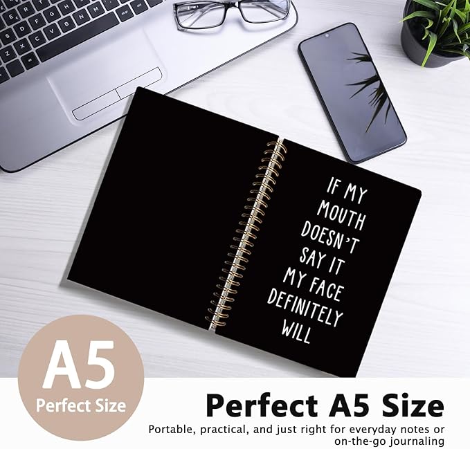 LIANGW Funny Notebooks Journal, Sarcastic Notebooks for Work, Funny Notebooks for Work, If My Mouth Doesn't Say It My Face Will, Black Hardcover Spiral Notebook 5.5x8.3 Inch