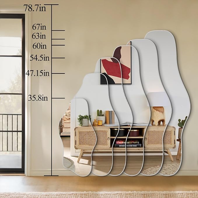 Irregular Frameless Mirror, 35.8"x17.7" Silver Asymmetrical Tempered Glass Mirror, Organic Shaped Wall Mirrors for Entryway Bedroom Living Room Bathroom, Horizontal or Vertical Hanging