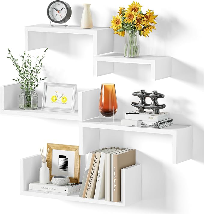 SRIWATANA Floating Shelves for Wall, Wall Shelves for Bathroom, Bedroom, Living Room, Kitchen, Office, Wood Shelves for Home Decor Set of 5 (Washed White)