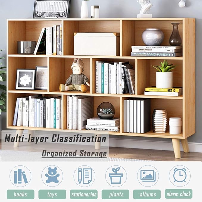 IOTXY Wooden Open Shelf Bookcase - 3-Tier Floor Standing Display Cabinet Rack with Legs, 10 Cubes Bookshelf, Pear Yellow