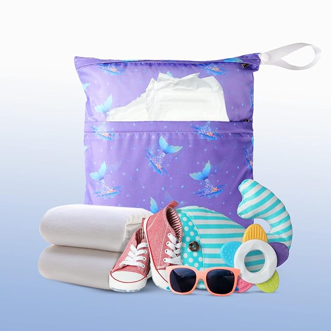Frienda 4 Pieces Wet Dry Bag for Baby Waterproof Reusable Washable Diaper Bag Sealed with Handle for Travel, Beach, Swimsuit, Diapers, Dirty Gym Clothes and Toiletries (Mermaid)