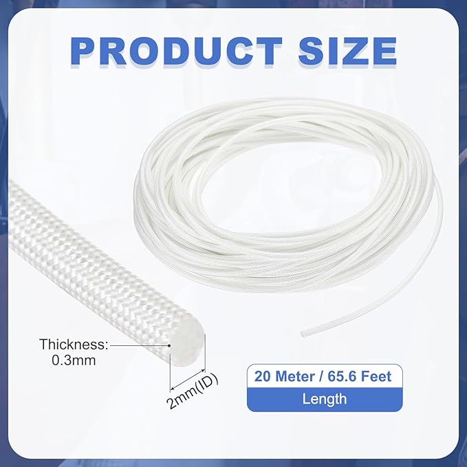 uxcell Insulation Cable Protector,2mm/0.08 Inch-20m/66 Feet High Temp Fiberglass Sleeve White