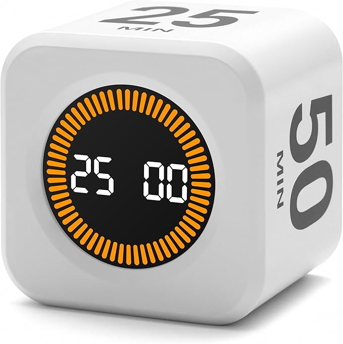 Exlliy Rotating Productivity Timer 5, 25, 10, 50 Minutes Preset, Desk Cube w/Gravity Sensor for ADHD, Mute Functions, Ideal for Work, Study, Kitchen, Back to School (1, White)