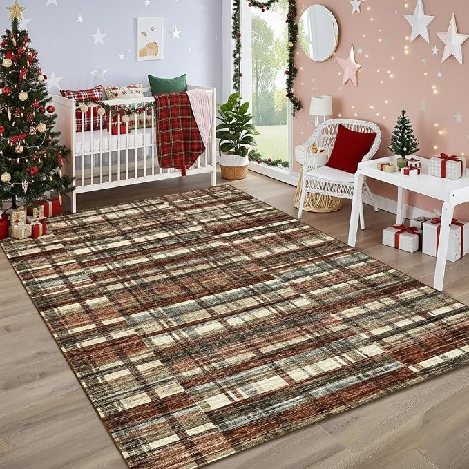 Washable Rugs 5x7 Area Rug for Bedroom Printed Low Pile Living Room Rug Modern Farmhouse Area Rugs Soft Non Slip Throw Rugs for Nursery Office Classroom Dining Room Red 5'x7'