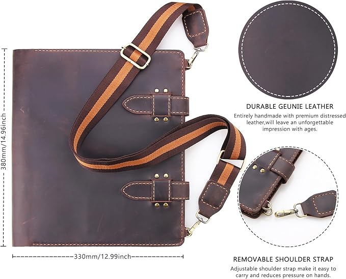 Robrasim Handmade Leather Sketchbook Cover, Artist Sketch Pad Holder for 11"X14" Sketchbook, Drawing Book and Pencil Case, Journal Notebook Portfolio with Shoulder Strap, Artist Gifts, Coffee