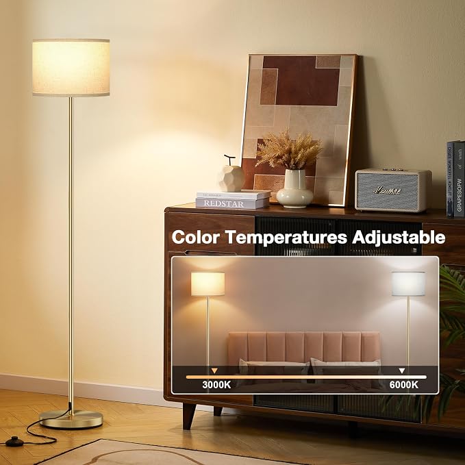 Ambimall 60'' Modern Floor Lamp with Remote, Tall Lamps for Living Room, Bedroom, Office, Dining Room, Beige Shade with Gold Pole(Included Bulb)