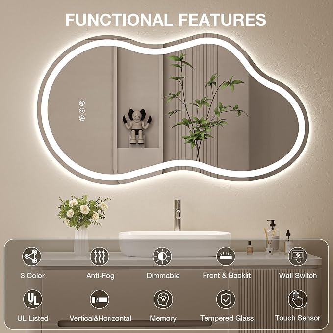 Cloud Shape Asymmetrical LED Vanity Mirror with Lights, 40"x24" Fogless Lighted Bathroom Mirror, 4mm Tempered Glass, Dimmable 3-Color & Memory Function, Wall Mounted (Horizontal/Vertical)