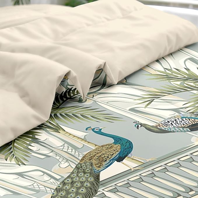 Comforter Set Full Size, Peacock Bird Animal 7 Pcs Bedding for Kids and Adults, Floral Botanical Grey Green Bed Sheet Sets with Fitted Sheet 2 Pillowcase & 2 Sham for Bedroom Bed Decor