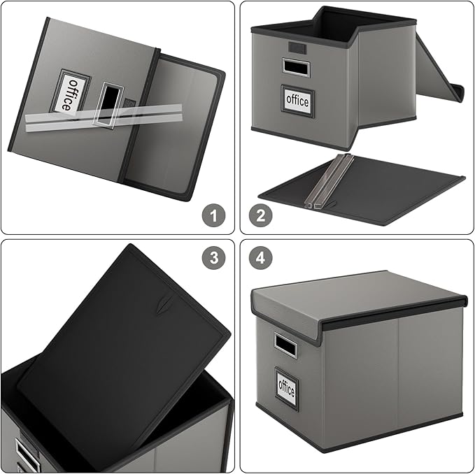 Huolewa File Organizer Boxes with Lids, Collapsible Faux Leather Hanging File Folder Box Organizer with Plastic Slide, Decorative Home/Office Filing System Boxes for File and Folders Storage