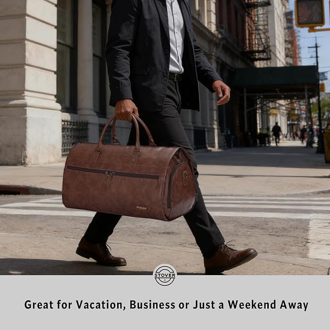 STOVER Garment Travel Duffle Bag, Large 2-in-1 Convertible Carry-on Luggage for Men & Women- Hanging Suits, Dresses & Clothes + Shoe Compartment- Weekender Tote Combo Duffel (Brown Leatherette)