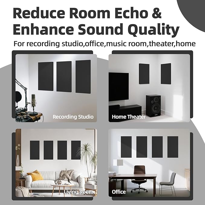 Art3dwallpanels 4 PCS Acoustic Panels, 24''x12'' Fabric Soundproof Wall Panels, Easy-Hook Mounting Sound Absorbing Panels for Studios, Office, Home Theater, Black