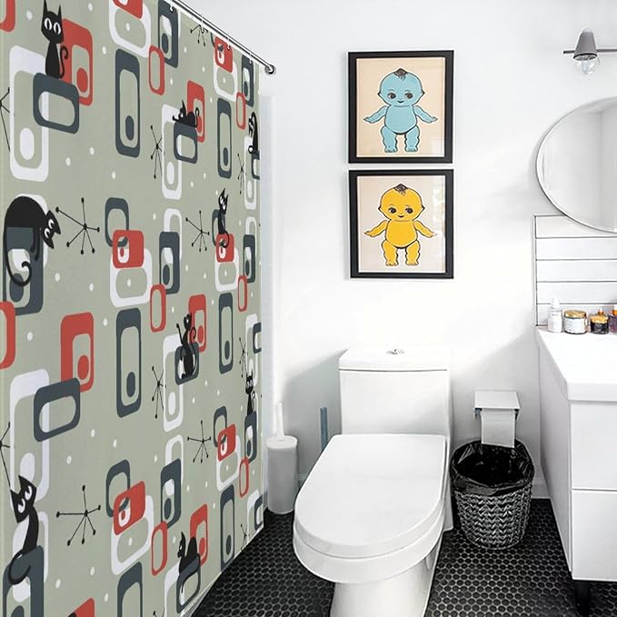 Mid Century Shower Curtain for Bathroom, Modern Cat Abstract Atomic Geometric Print Lovely Black Kittey Retro 1950s 1960s Black Waterproof Fabric Shower Curtain Set with Hooks, 72"x72" Inch