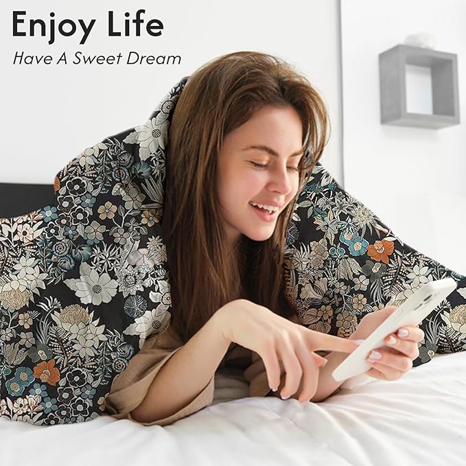LONAVA King Flower 3 Pcs Duvet Cover Set, Breathable Soft Microfiber Black Lining Comforter Cover with Zipper Closure, and 2 Anti-Pilling, Fade Resistant Pillowcases, Midnight Blossoms