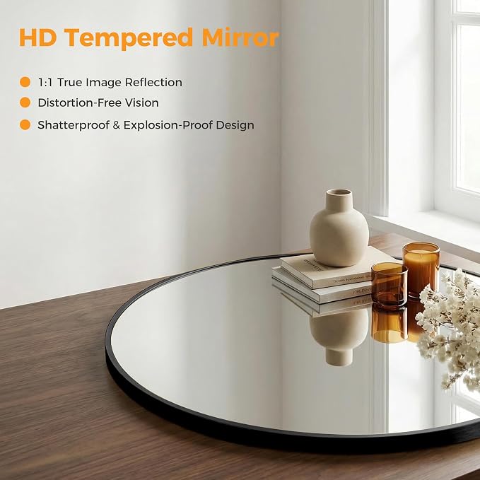 24 Inch Black Round Bathroom Wall Mirror, Round Mirrors for Wall Decor, Circle Mirror for with HD Shatter-Proof Glass for Entryway, Living Room, Bedroom, Dressing Room, Home Decor