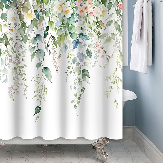 Sage Green Eucalyptus Shower Curtain Watercolor Botanical Floral Leaves Shower Curtain Set Spring Nature Bathroom Decor with 12 Hooks,66x72 Inches