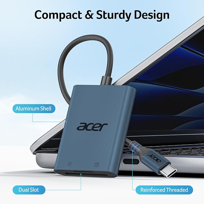 Acer SD Card Reader USB C, Dual Slots Type C to Memory Card Reader, Aluminum Micro SD Card Camera Adapter for MicroSD, SDHC, SDXC, Compatible with iPhone16/15, MacBook, Android, Laptop-Midnight