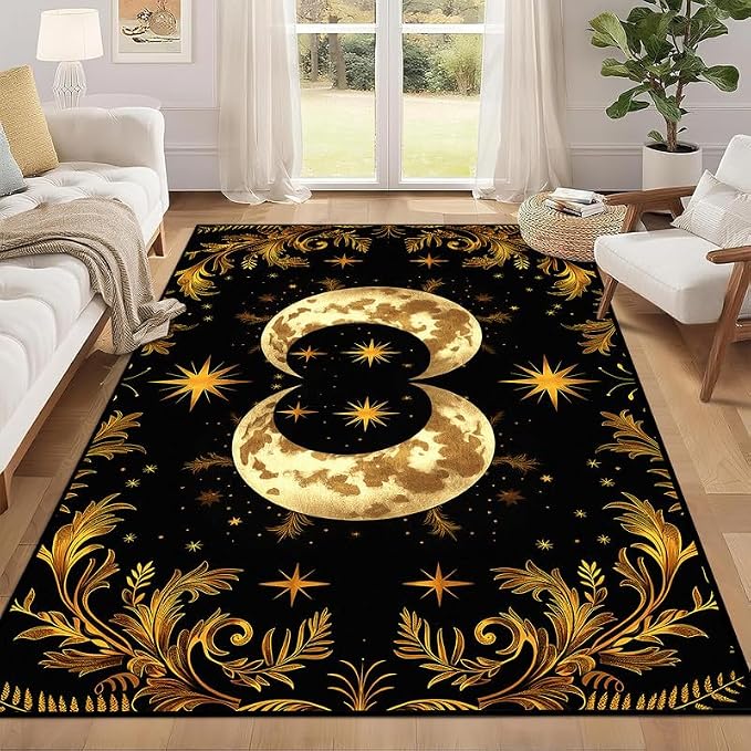 Sun Moon Star Area Rug 2'x3' Golden Boho Carpet Non-Slip Washable Low Pile Floor Mat for Entryway Bedroom Living Room Nursery Playroom Classroom Home Decor