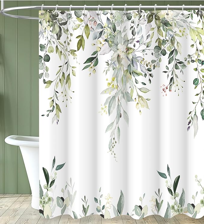Sage Green Eucalyptus Shower Curtain, Watercolor Leaves Plant Spring Floral Waterproof Fabric Machine Washable with Hooks for Bathroom Bathtub Decor 60Wx72H