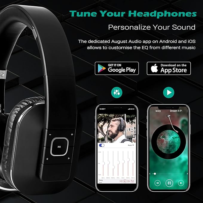 August EP650 Bluetooth Wireless Over-Ear Headphones with aptX Low Latency, NFC, Multipoint Pairing, Wired Option, Built-in Microphone - Black