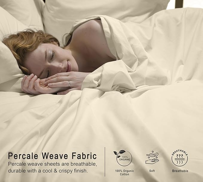 RUVANTI 100% Organic Cotton Sheets Twin Size, Percale Weave, GOTS Certified, 3-Piece Set, Deep Pocket 15", Crisp & Breathable, Soft Durable Bedding, Sábanas Algodón Orgánico – Cloud Cream