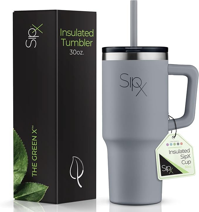 SIPX™ 30 oz Insulated Tumbler with Handle & Straw – Vacuum Insulated Stainless Steel, Leakproof, Cupholder Friendly – Perfect for Iced Coffee, Water & Travel – Grey