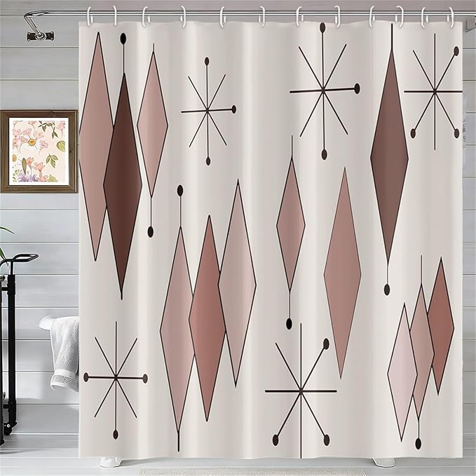 Mid Century Shower Curtain Abstract Light Brown Diamond Geometric Atomic Starburst Pattern Beige Backdrop for 1950s Retro Bathroom Decor Shower Curtain Set with 12 Hooks, 48x72 Inches