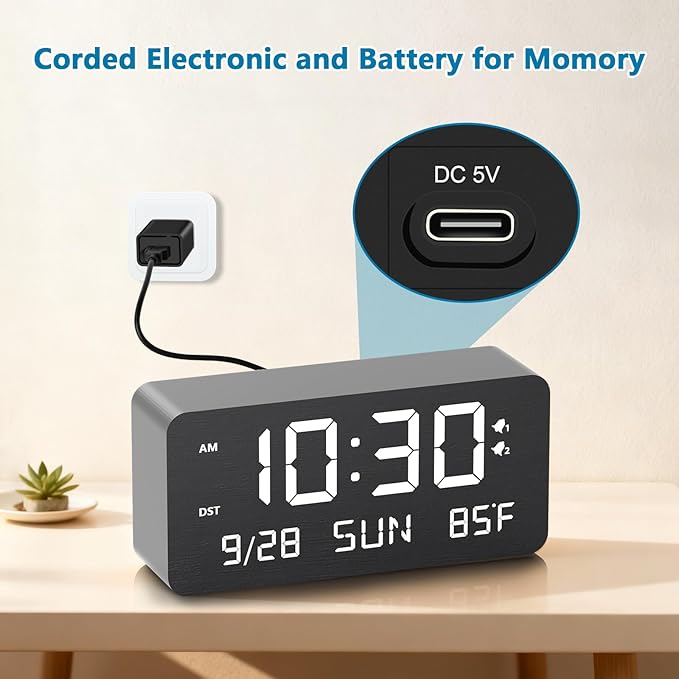 Fomobest Wooden Digital Alarm Clock for Bedroom - Desk Clock with Date, Day of Week, Temperature, Dual Alarms, Dimmer, USB Port Charge, DST, Adjustable Volume for Living Room/Office Wood Decor (Black)