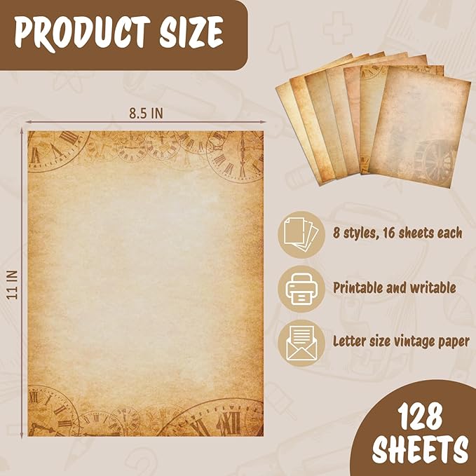 Tlenpo 128PCS Vintage Paper 8.5 x 11 in Double-sided Aged Paper for Writing Letter writing Paper, Decorative Printer Paper for Invitation, Resume, Diploma, Art, Certificate Antique, 8 Designs