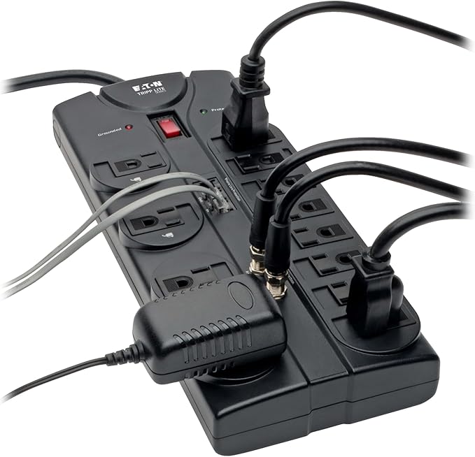 Eaton Tripp Lite TLP1208TELTV Home Theater Surge Protector Power Strip, 12 Outlets, Flat Plug 8ft Extension Cord, 2160 Joules| Coax and RJ11 Ports for Phone Land Line, TV, and WiFi Router Protection