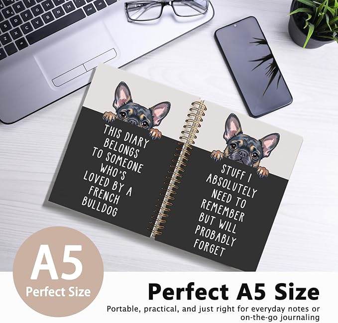 LIANGW Funny French Bulldog Notebook Journal Gifts for Women & Men, Frenchie Gifts for Women, for Coworkers, Hardcover Spiral Notebook 5.5x8.3 Inch