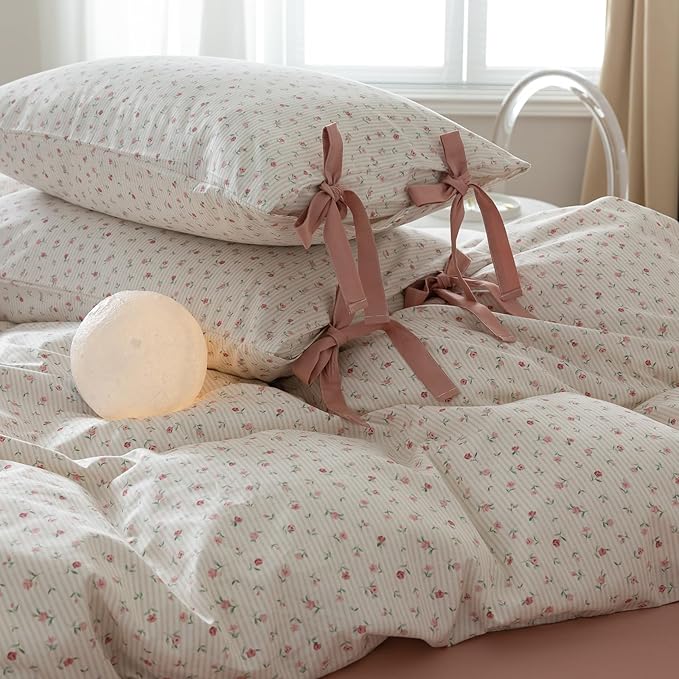 Rose Flower Duvet Cover King Garden Style Vintage Floral Bedding Set Chic Botanical Flower Comforter Cover with 2 Bow Ties Pillowcases 100% Cotton Pink Stripes Comforter Cover Cottagecore Bedding Set