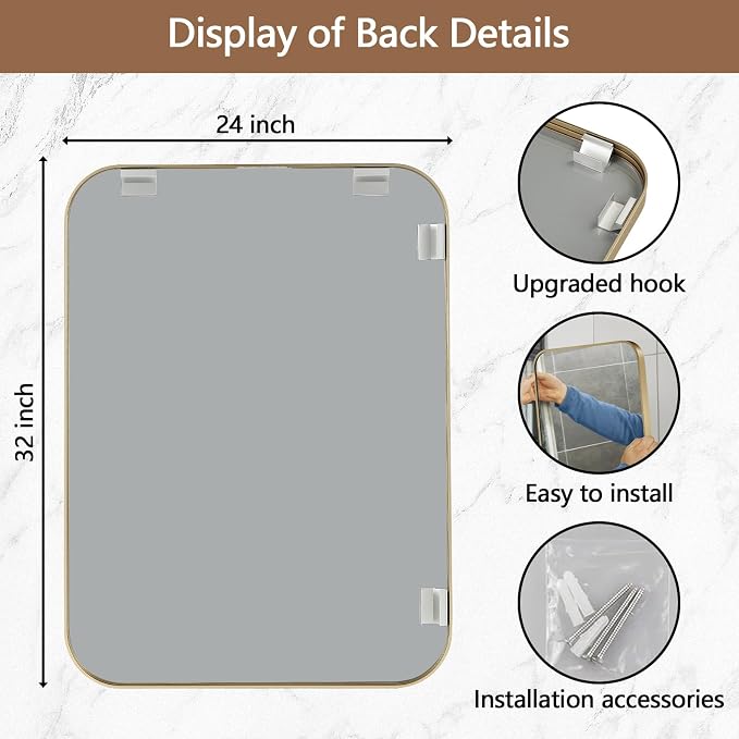 Gold Mirror, 24x32 Inch Framed Rectangle Mirror with Rounded Corner, Brushed Brass Mirror, Gold Bathroom Mirror for Over Sink, Vanity, Living Room, Bedroom, Horizontal/Vertical